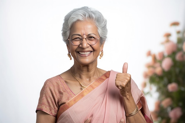 Old age happy Indian woman showing Ok or thumbs up sign