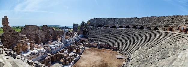 Old amphitheater from ancient times in the region of Antalya, Side, Turkey.