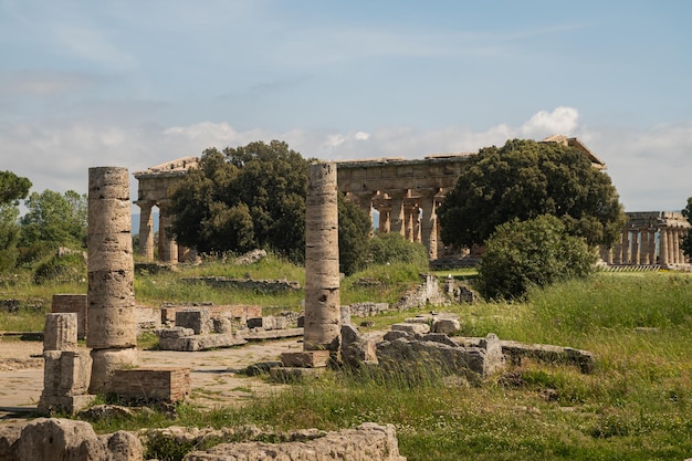 Old ancient city of Paestum The ruins of residential buildings against the backdrop of the