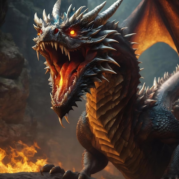 Old ancient fire dragon glowing eyes thick scales dragon mouth with big sharp teeth fantastic creatu