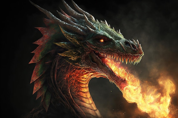 Old ancient fire dragon glowing eyes thick scales dragon mouth with big sharp teeth Fantastic creature closeup in cave