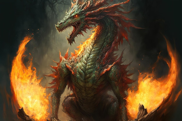 Old ancient fire dragon glowing eyes thick scales dragon mouth with big sharp teeth Fantastic creature closeup in cave