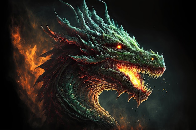 Old ancient fire dragon glowing eyes thick scales dragon mouth with big sharp teeth Fantastic creature closeup in cave