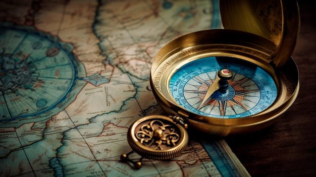 Old Antique Compass on a Paper Map Blue Gold background wallpaper Goals Objectives Purpose Why True North Organizational Alignment Generative AI