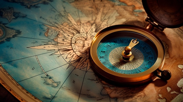 Old Antique Compass on a Paper Map Blue Gold background wallpaper Goals Objectives Purpose Why True North Organizational Alignment Generative AI