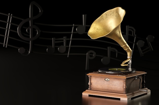 Old antique Gramophone or Phonograph and black music notes in dark black background. 3D illustration