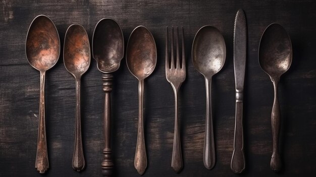 Old antique utensils on wooden table background