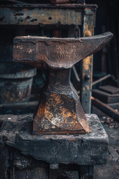 Photo an old anvil resting on a wooden plank perfect for a rustic or industrialthemed image