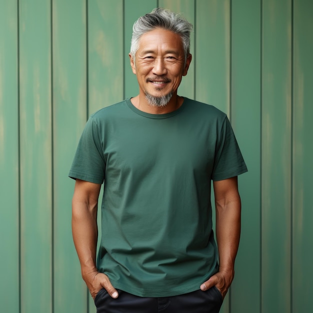 Old asian man wearing empty blank tshirt for mockup