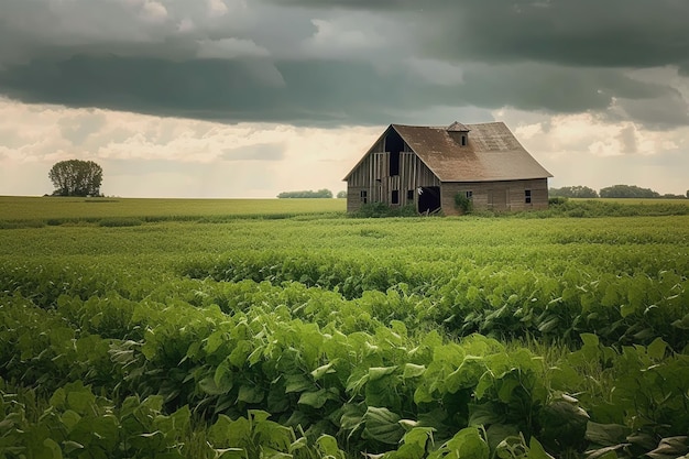 An old barn sits in a field of green plants.