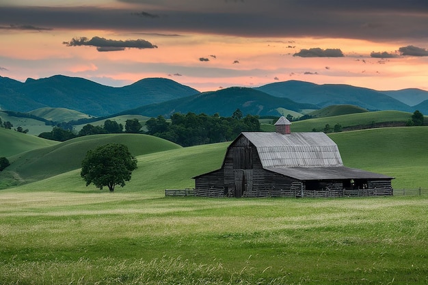 an old barn sits in a field with mountains in the background