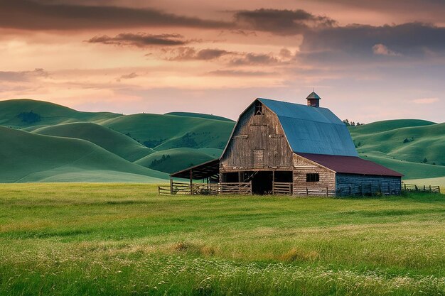 an old barn sits in a field with a sky background