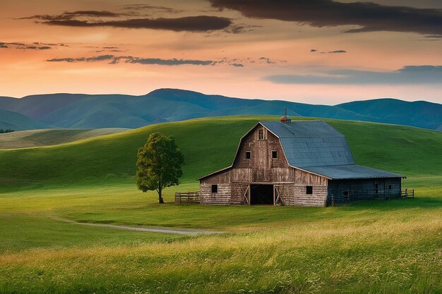 an old barn sits in a field with a tree on the side of it