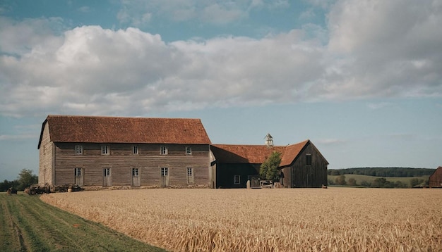 Photo an old barn with a brown roof and a white cloud in the sky