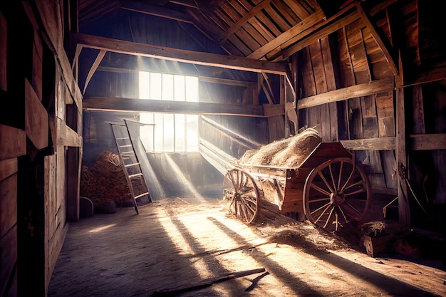 Old barn with sun rays from windows Generative AI Generative AI