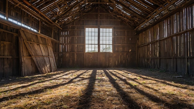 Photo an old barn with a window that has the sun shining through it