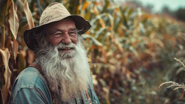 An old bearded farmer stands smiling and looking at the camera corn field background