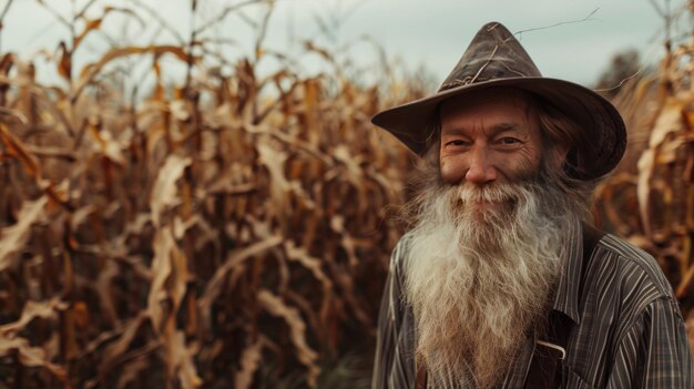 An old bearded farmer stands smiling and looking at the camera corn field background