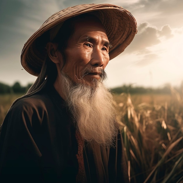 An old bearded wise Chinese villager with stare generative ai