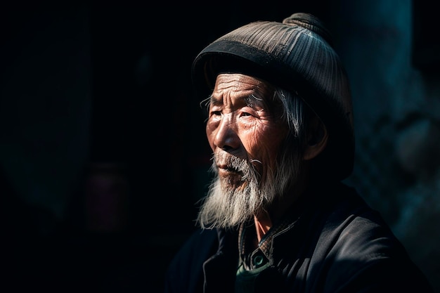 An old bearded wise Chinese villager with stare generative ai