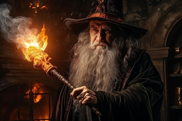 Old bearded wizard illuminates the path with burning torch in dark and mysterious castle