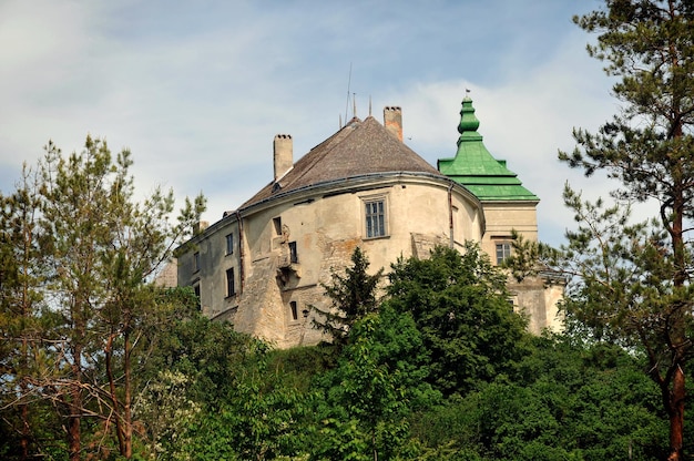 Old beautiful medieval castle on the hill among the trees