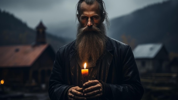 old believer on the background of an old wooden church in the mountains