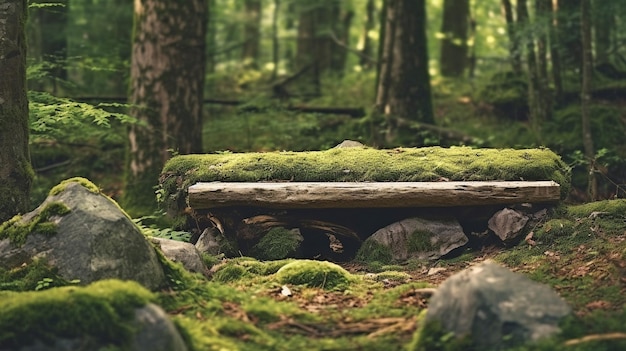 Old bench mockup with stonework and a wooded backdrop GENERATE AI