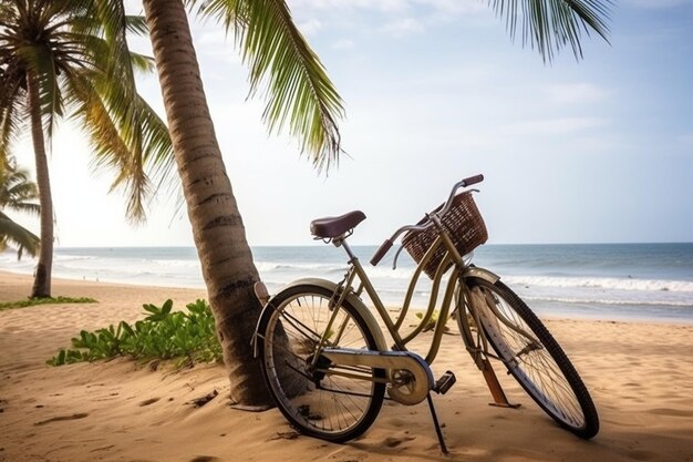 Old bicycle ocean and coconut palm tree on beach