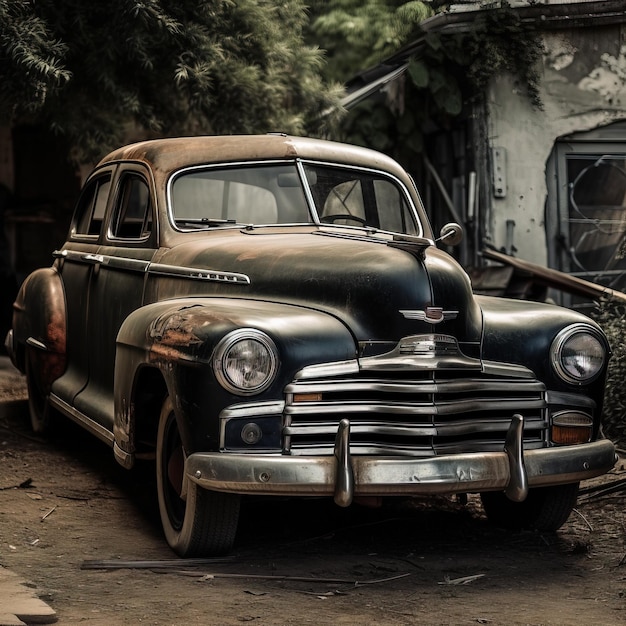 An old black car with the license plate number 579.