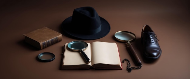 Photo an old blank book and magnifying glass evoke curiosity in a detective theme