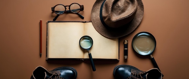 Photo an old blank book and magnifying glass evoke curiosity in a detective theme