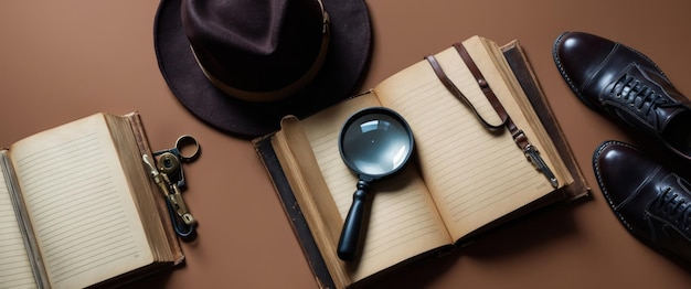 Photo an old blank book and magnifying glass evoke curiosity in a detective theme