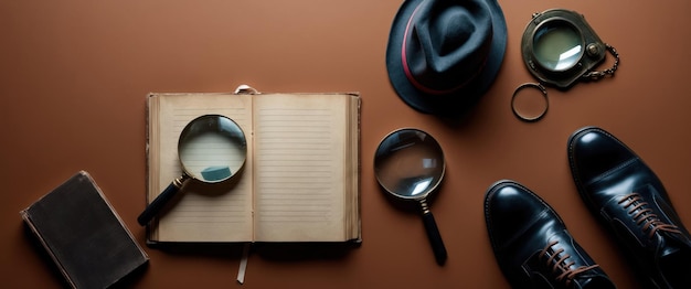 Photo an old blank book and magnifying glass evoke curiosity in a detective theme