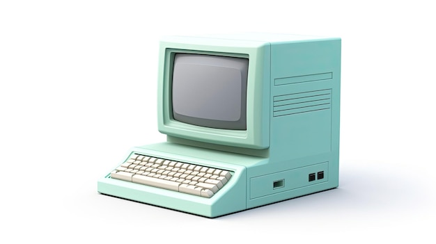 An old blue computer with a white keyboard on the top.