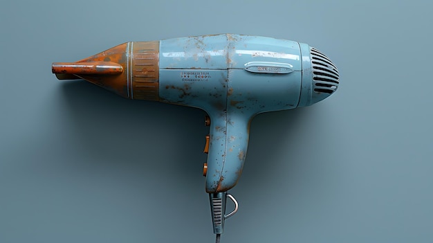 An old blue and orange hair dryer on a blue background