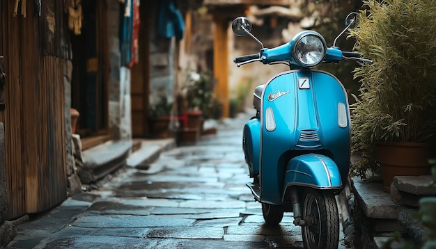 Photo old blue scooter in street of village