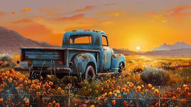 Photo an old blue truck is in a field of flowers