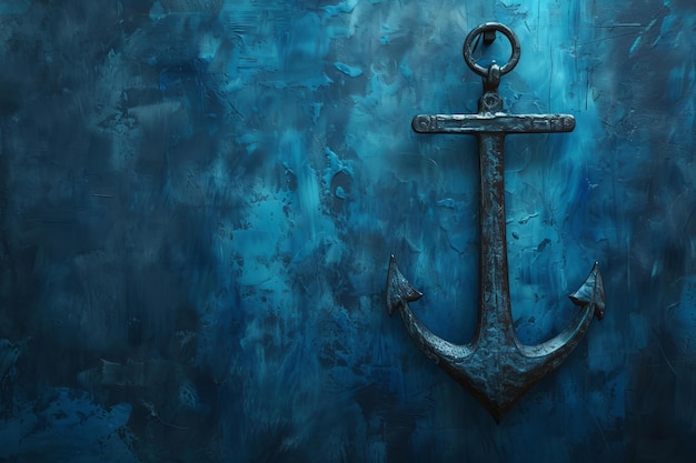 Old boat anchor on blue backdrop Generate ai