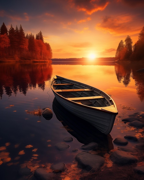 Old boat on a small lake autumn nature