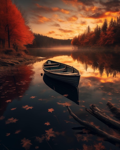 Old boat on a small lake autumn nature