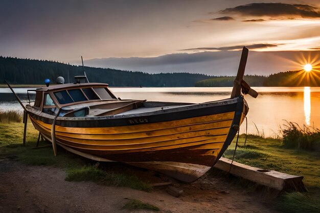 an old boat with a sunset in the background