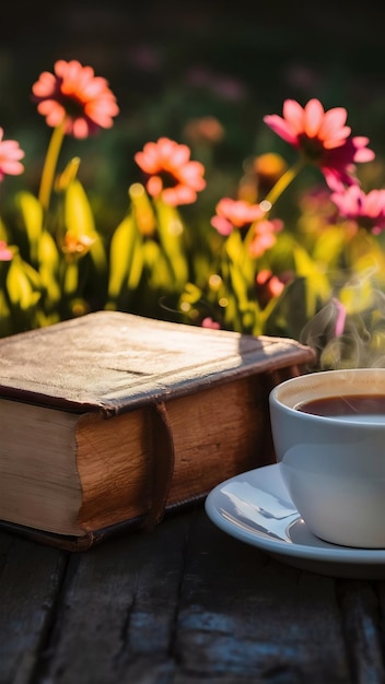 old book cup of coffee next to field flowers