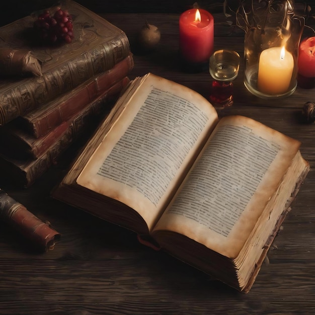 Old book open on dark wood background