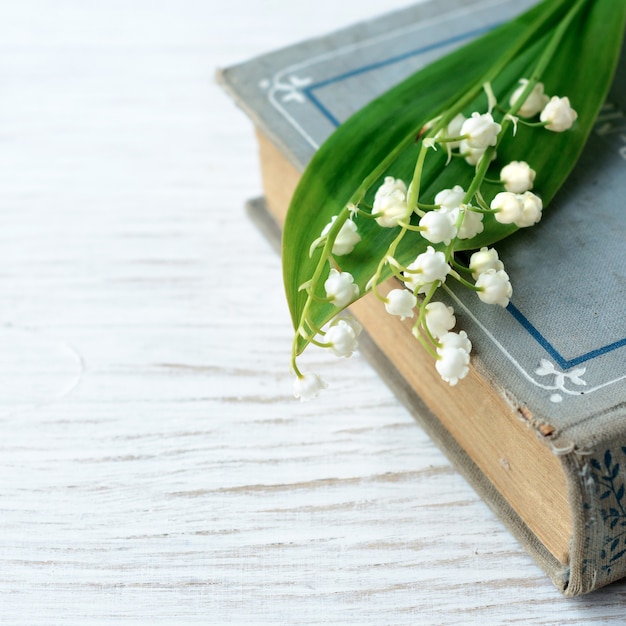 Old book with bouquet of the lilies of the valley, nostalgic vintage surface