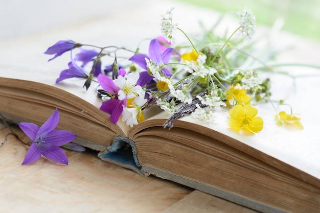 Old book with bouquet of meadow flowers, nostalgic vintage surface