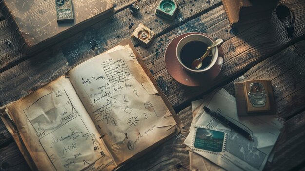 Photo an old book with faded pages lies open beside a cup of coffee and various vintage items evoking a sense of mystery and untold stories