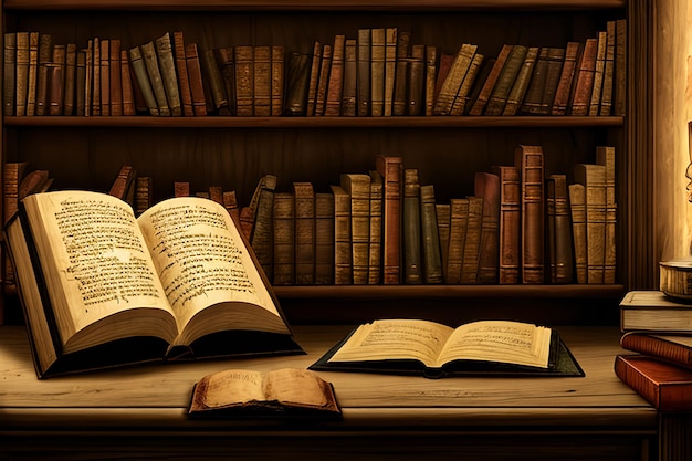 Old book with flying letters and magic light on the background of the bookshelf in the library Anci