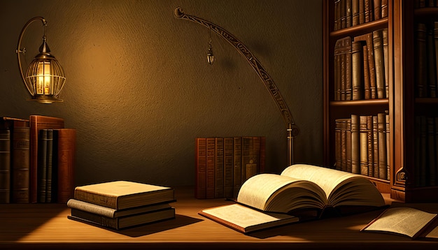 Old book with flying letters and magic light on the background of the bookshelf in the library Anci