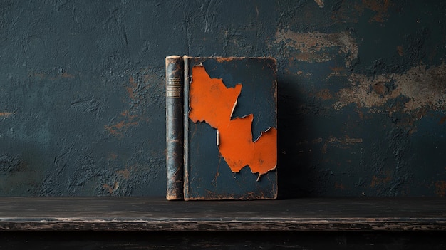 Old book with worn cover displaying unique orange pattern on dark background